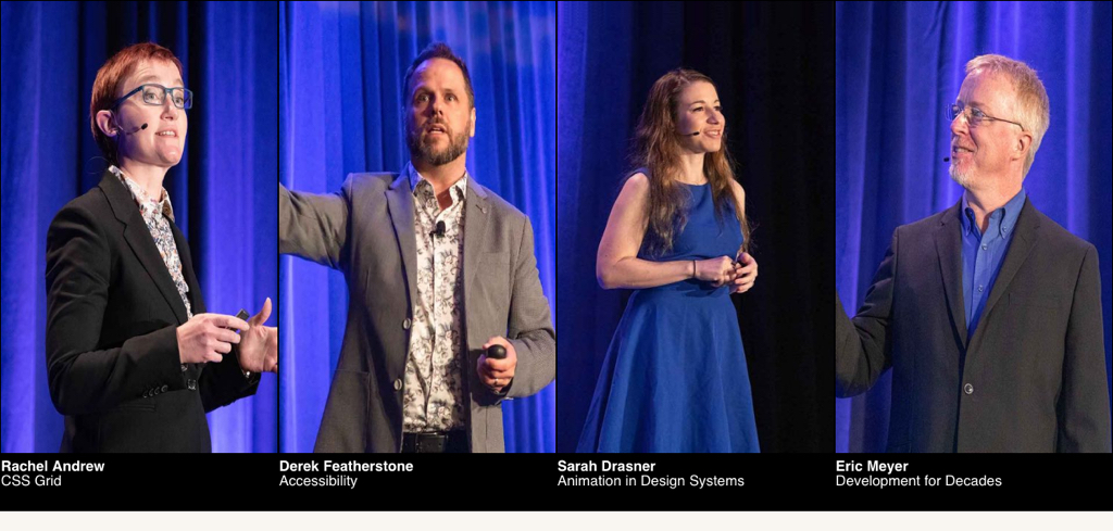 The header of the An Event Apart website with the speaker photos appearing to be stretched vertically.